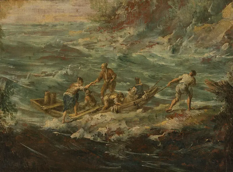 Marine scene with figures boarding a boat in choppy seas, oil painting by Antonio Francesco Peruzzini