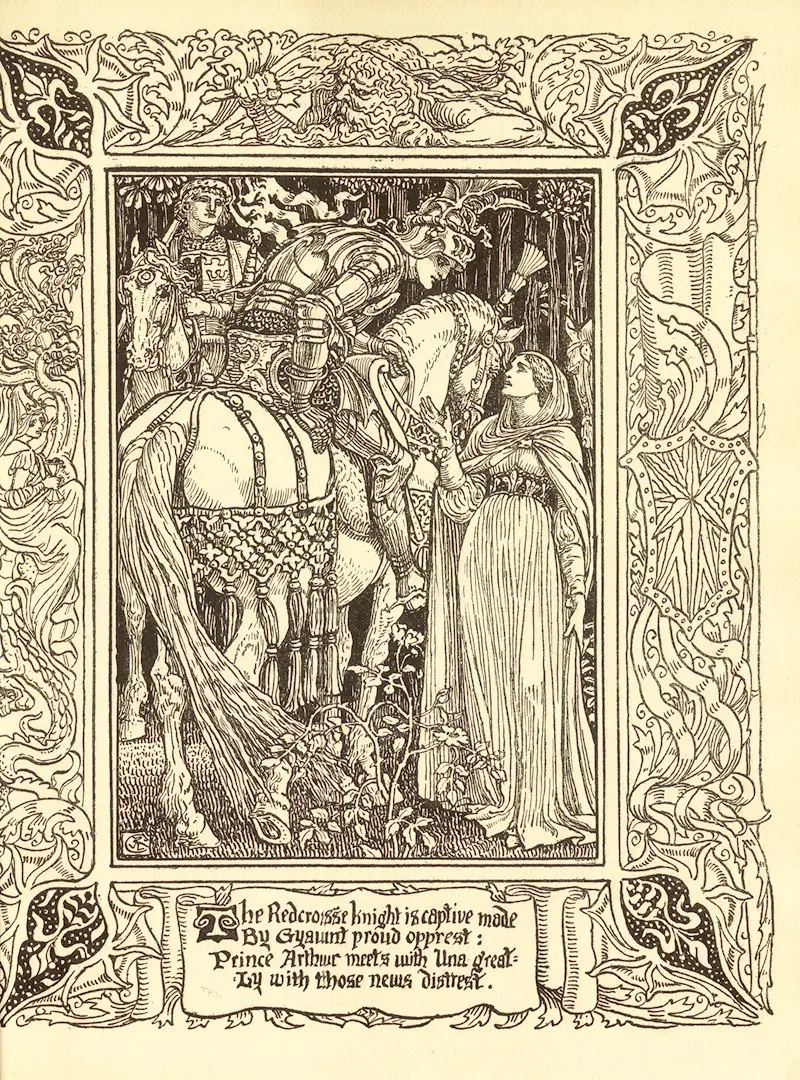 This artwork illustrates a scene from Spenser's Faerie Queene, showcasing intricate details and vibrant colors.