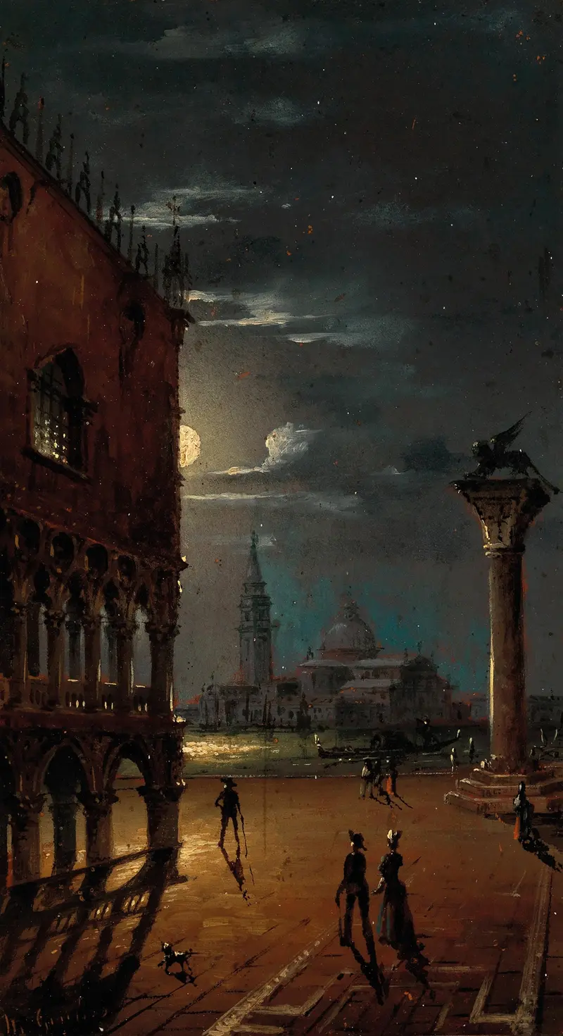 Venice, Moonlit Night with Palazzo Ducale and San Giorgio Maggiore, oil on canvas by Marco Grubas