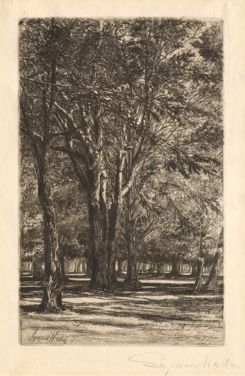 Engraving by Francis Seymour Haden depicting a landscape with figures in a garden.