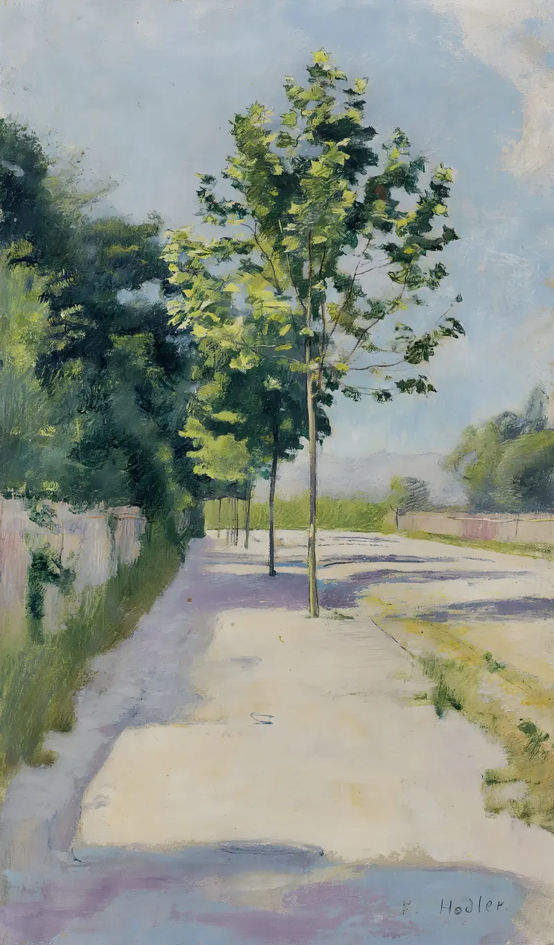 Street Of St. Georges by Ferdinand Hodler, oil painting depicting a decaying urban landscape with trees.