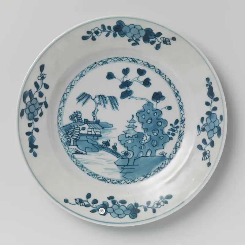 Porcelain plate with river landscape and flower sprays by Unknown Artist