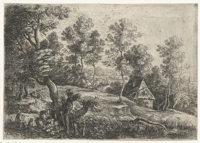 Landschap met een huis en een waterput, etching by Lucas van Uden