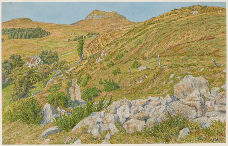 Watercolour by Henri Rivière depicting serene fields and sky.