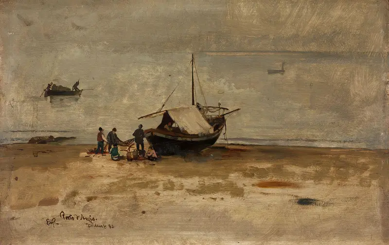 The Beach at Porto d’Anzio by Eilif Peterssen, oil on canvas, depicting figures on a beach under golden light.