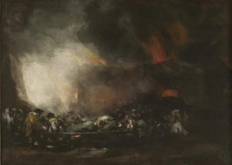 Historical scene of a hospital engulfed in flames, oil on canvas by Francisco de Goya