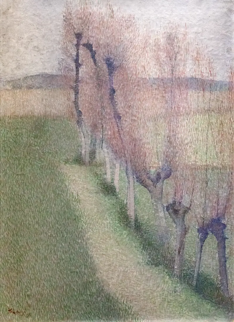 A winding path lined with pollarded willows under a soft sky, painted with delicate brushwork in muted colors.