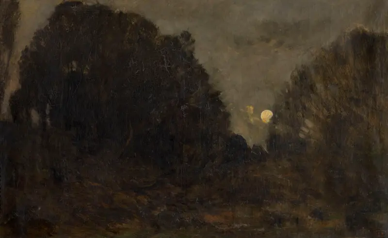 Moonrise at Barbizon by Charles François Daubigny, oil painting depicting a tranquil landscape at twilight.