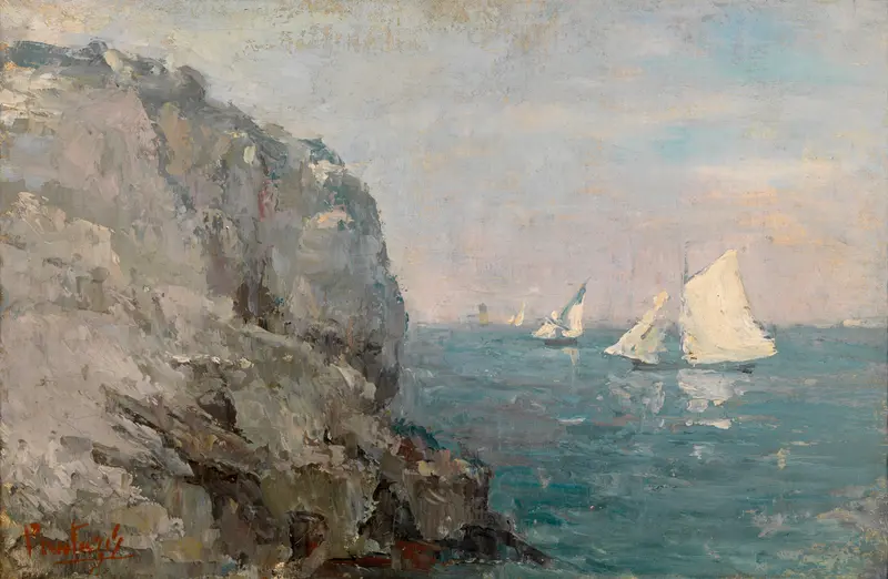 The Cliff by Pericles Pantazis, oil on canvas depicting rugged cliffs and vast nature.