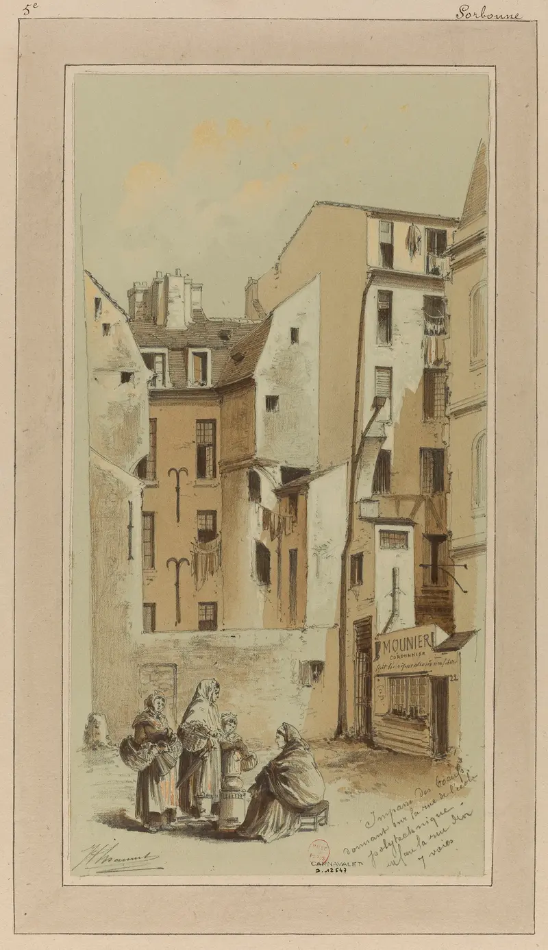 Architecture scene with cobblestones and buildings by Jules-Adolphe Chauvet, oil painting