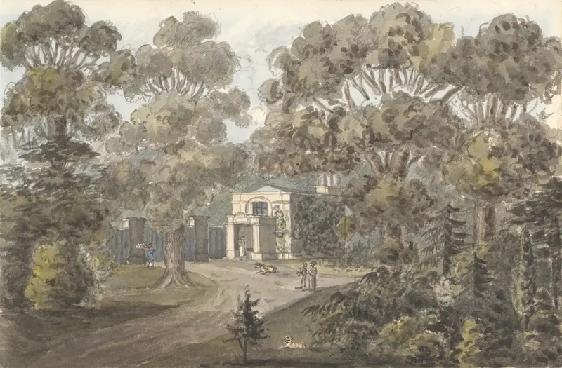 Lodge at Wanstead Grove, oil on canvas by Anne Rushout, depicting a lodge in autumn foliage.