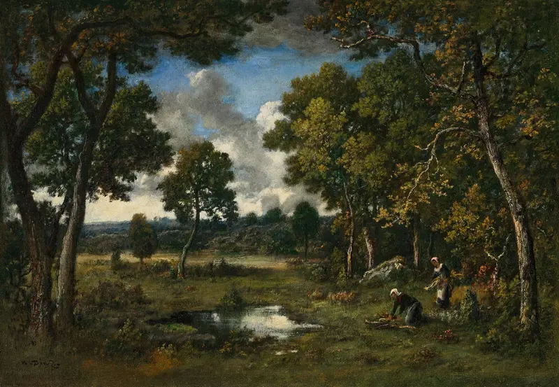 Narcisse-Virgile Diaz de La Peña's painting features two women by ponds in a lush landscape.