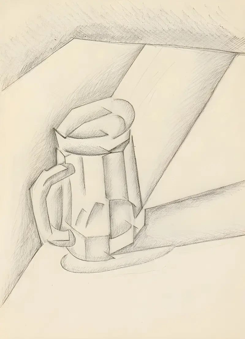 Still life painting by Juan Gris featuring a beer bottle and glass.