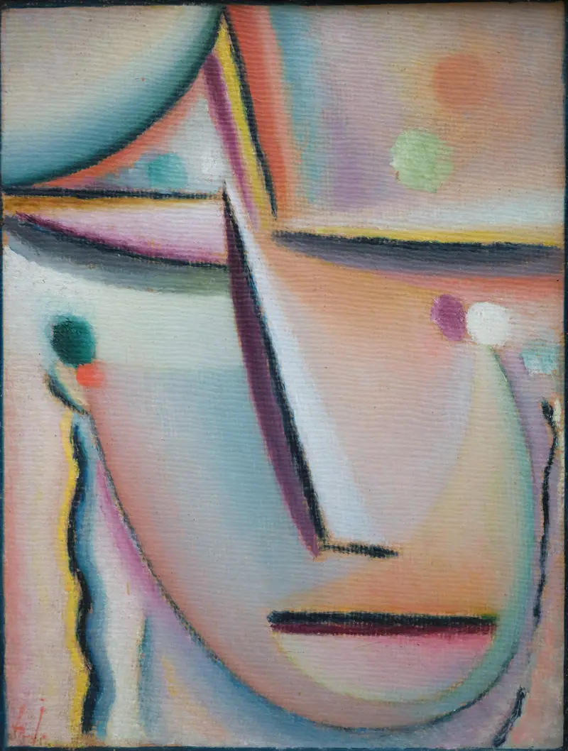 A face emerges from a haze of pastel colors, with simplified features suggesting meditation and prayer.