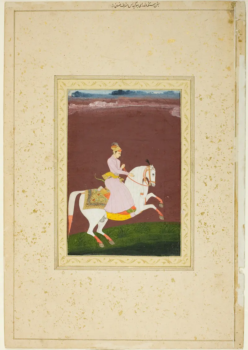 A young prince on horseback, gold medium, by India Rajasthan, Jodhpur