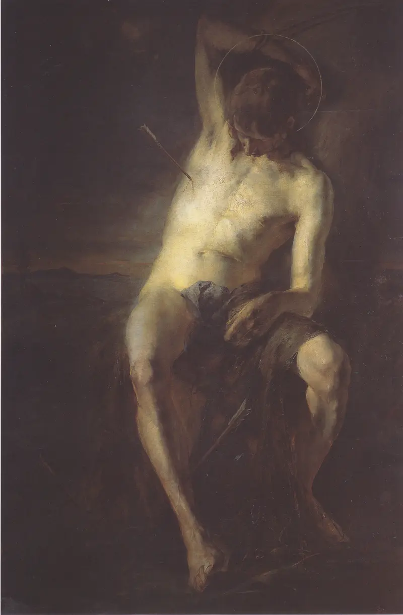 Saint Sebastian's body is illuminated by light, showcasing his flesh pierced by arrows in a dark, isolating background.