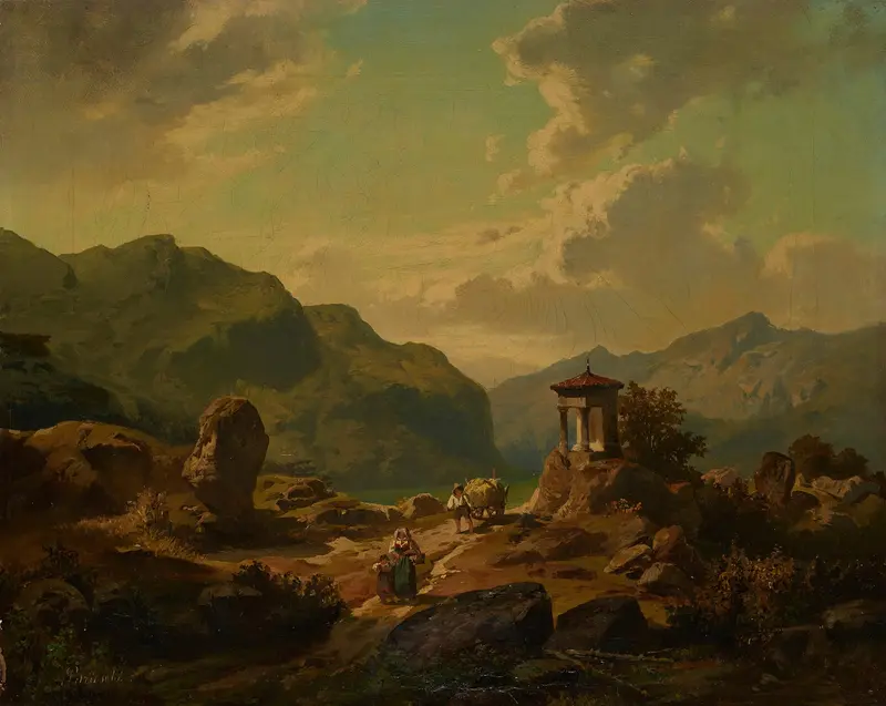Romanticism landscape by Carlo Brioschi featuring mountains and a lake