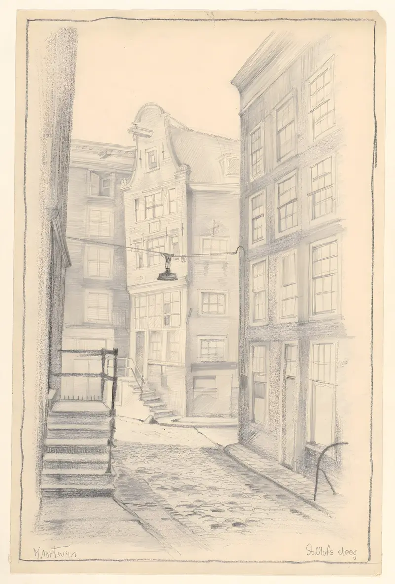 Landscape oil painting by Maarten Oortwijn featuring a cobblestone street and interplay of light.