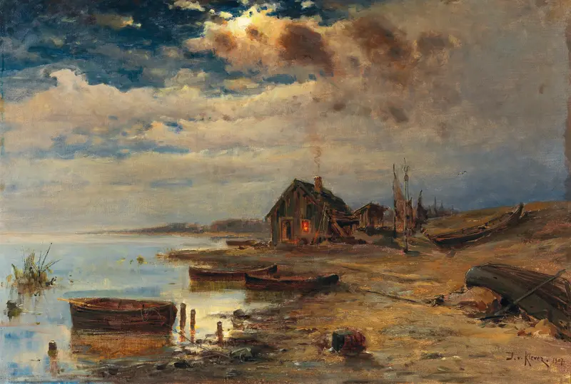 Marine scene at dusk with waves and sunset, oil painting by Julius Sergius Klever