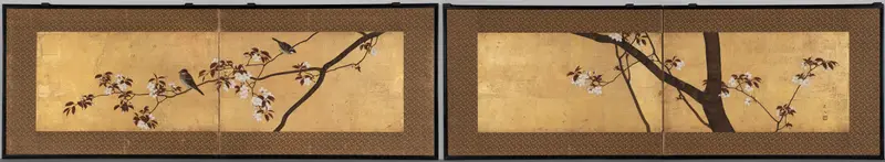 Pair of screens with sparrows on a blossoming cherry tree, gold medium, Unknown Artist
