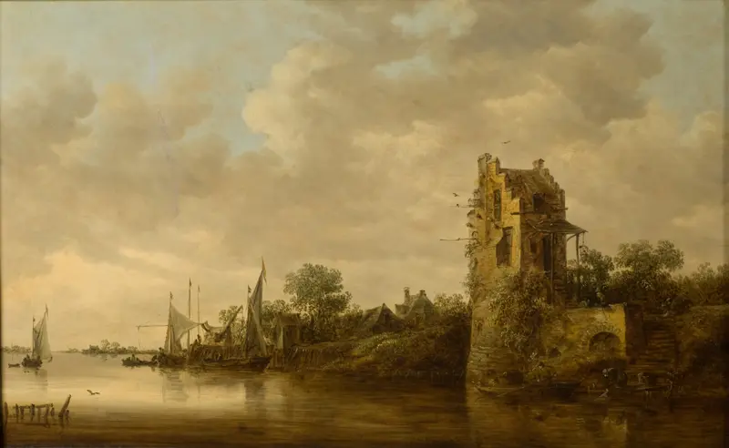 Riverside with an Old Tower by Jan van Goyen, oil painting depicting a serene river landscape.