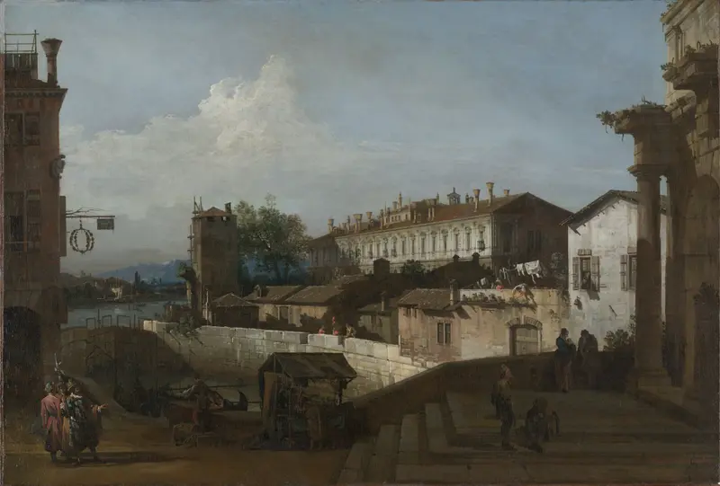 The Lock at Dolo by Bernardo Bellotto, oil on canvas depicting a tranquil waterway under soft light