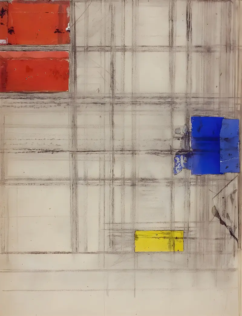 Study for a Composition by Piet Mondrian features geometric shapes and primary colors.