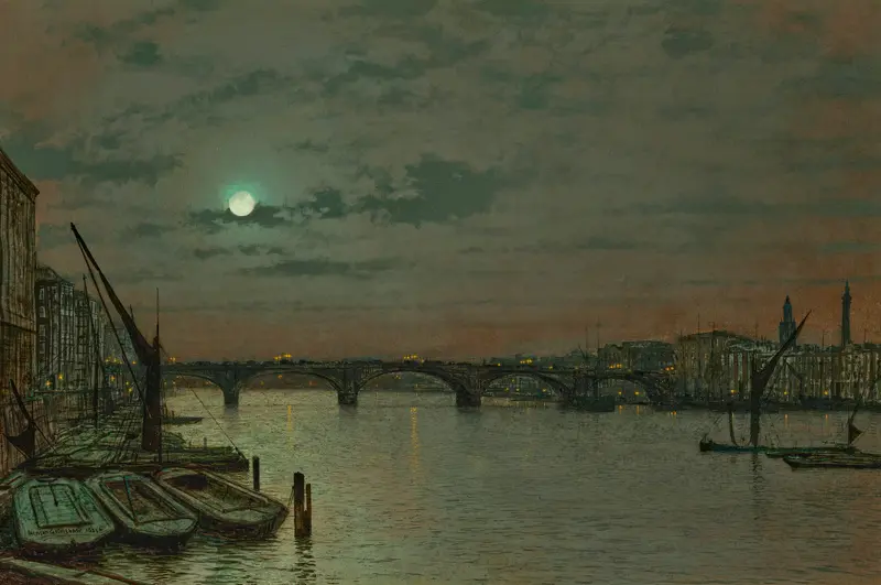 London Bridge by John Atkinson Grimshaw, oil on canvas, twilight scene with reflections on water