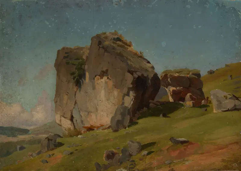 Felsenstudie by Eugen Bracht, oil on canvas depicting a tranquil rocky landscape.
