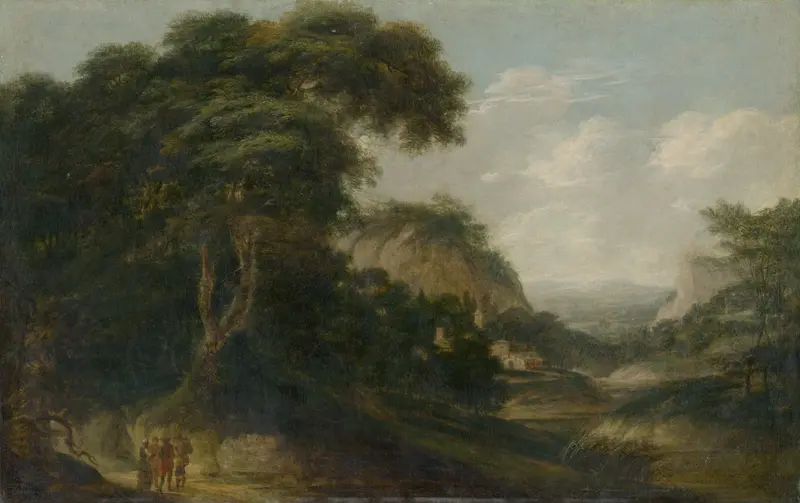 Landscape with Figural Staffage by Franz Joachim Beich, oil on canvas depicting hills and figures under a blue sky.
