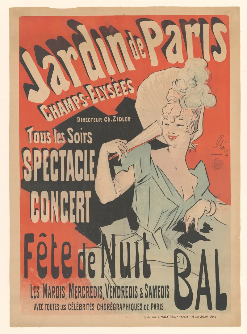 A vibrant poster by Jules Chéret showcasing a lively concert scene.