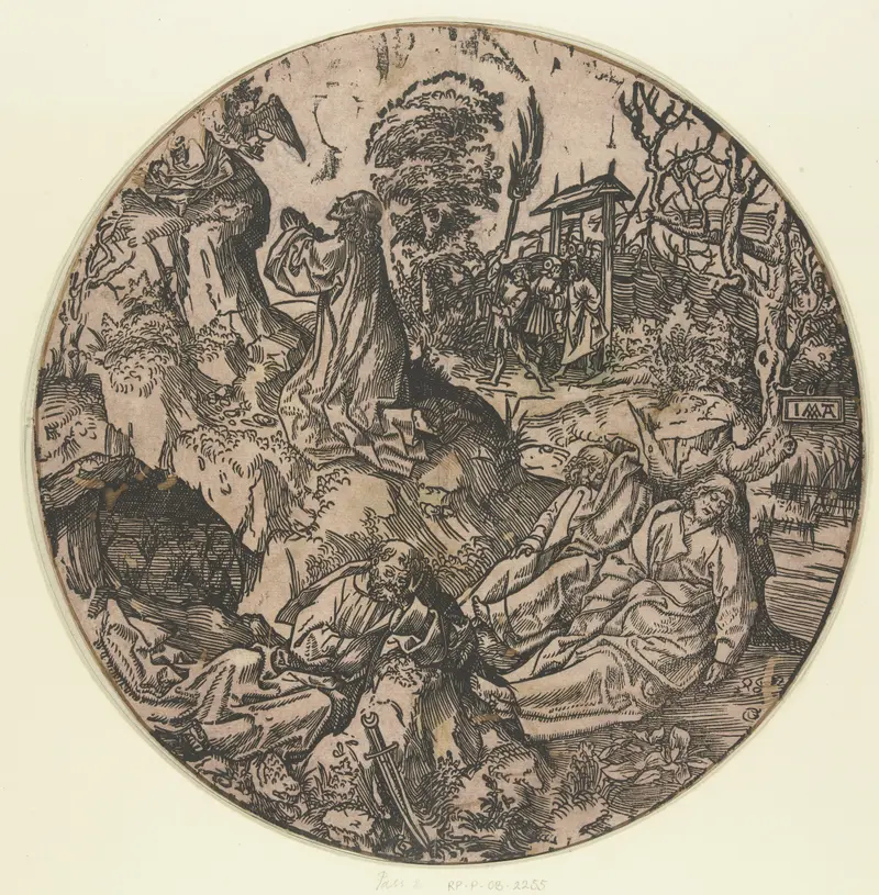 Religious scene depicting Christus op de Olijfberg by Jacob Cornelisz van Oostsanen, oil painting