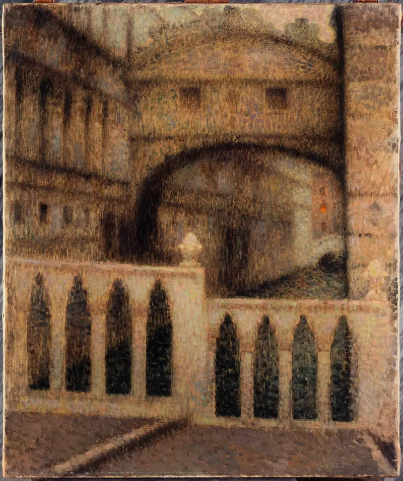 Le pont des Soupirs by Henri Le Sidaner, oil on canvas depicting a tranquil bridge over a river.