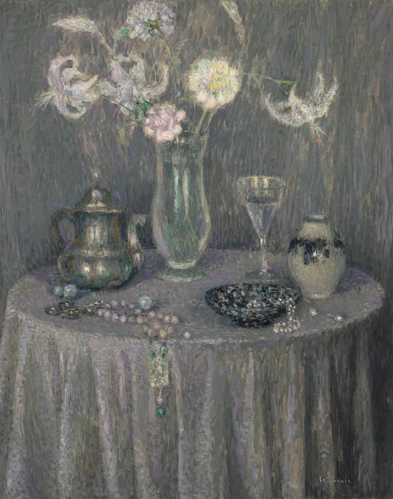 Henri Le Sidaner's 'La table, harmonie grise' captures a serene still life with muted colors.