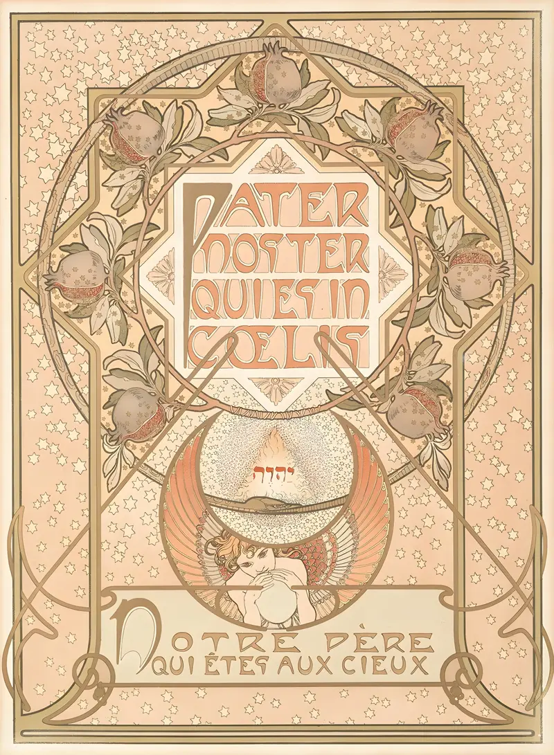 Alphonse Mucha's 'Pater Noster' showcases intricate designs and spiritual themes.