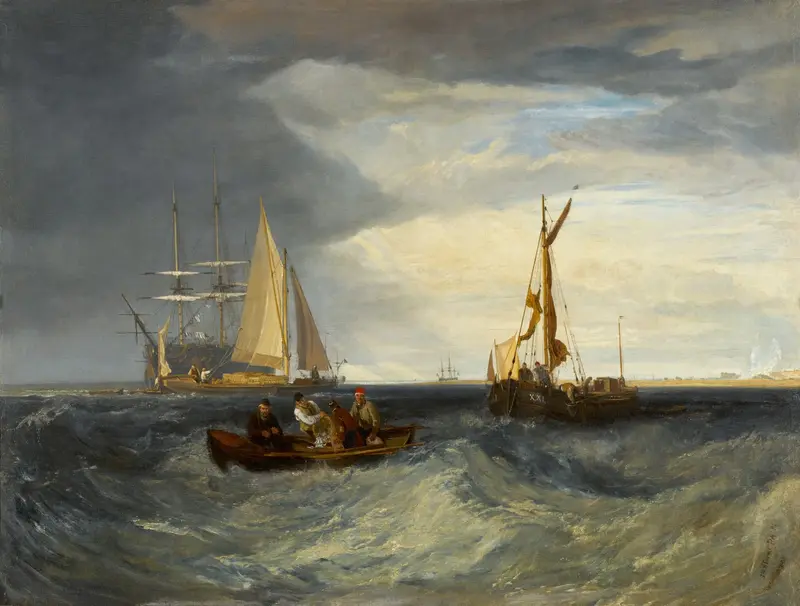A serene depiction of the Thames River with ships and a cloudy sky.