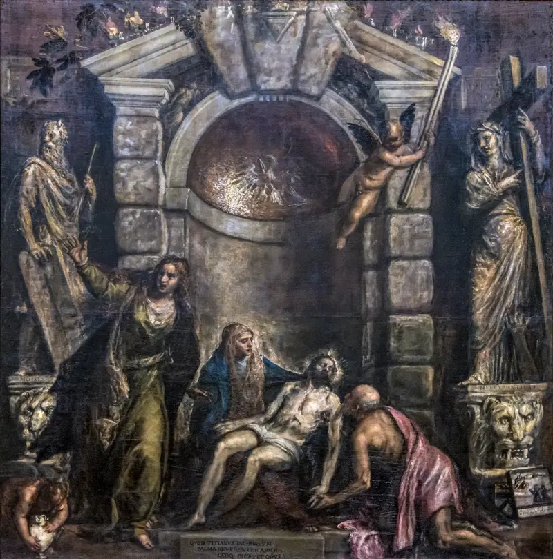 A lifeless Christ lies across the Virgin Mary's lap, surrounded by Mary Magdalene, a kneeling man, a cherub, and monumental stone architecture.