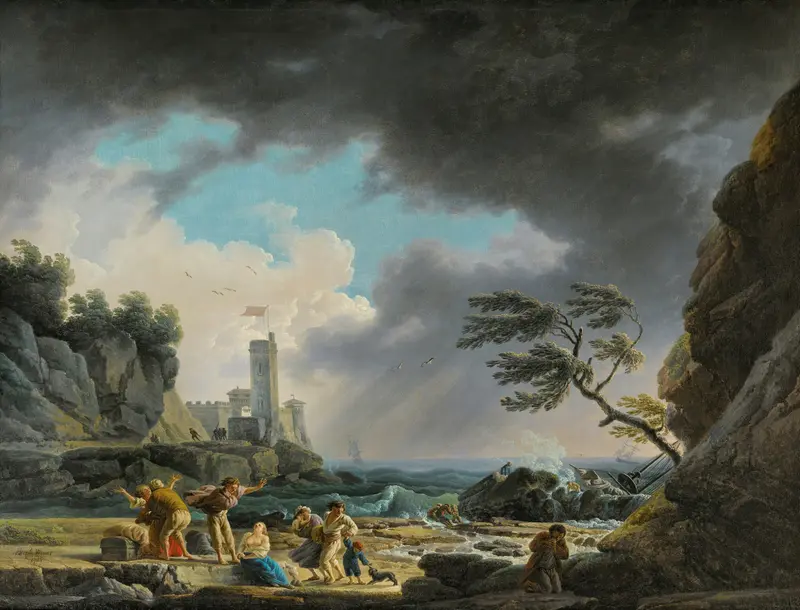 A Storm Near A Rocky Coast, oil painting by Claude-Joseph Vernet, featuring turbulent waves and dark clouds.