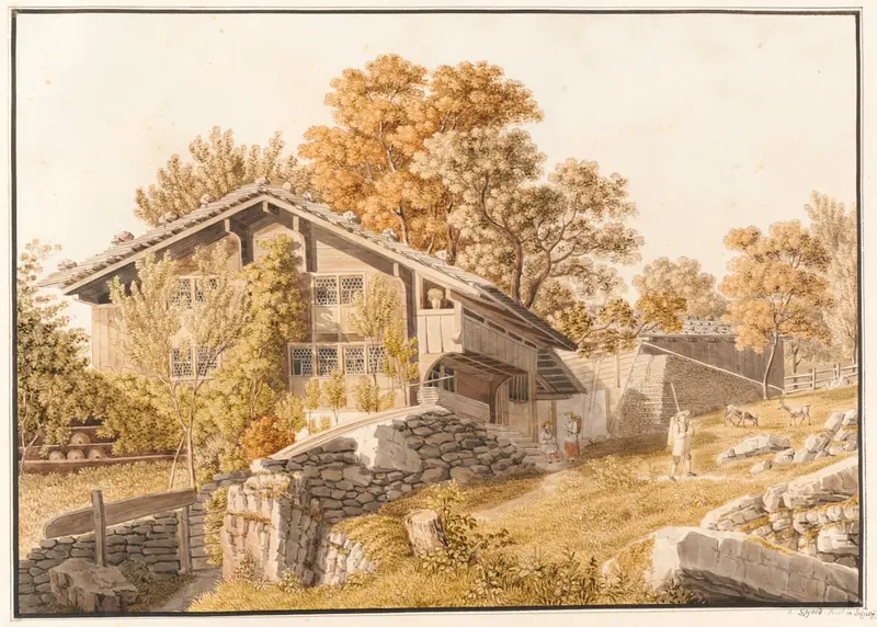 Urner Bauernhaus by David Alois Schmid, oil on canvas depicting a cottage in a mountainous landscape.