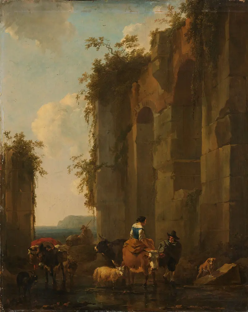 Ruins in Italy by Nicolaes Pietersz Berchem, oil on canvas depicting crumbling columns and golden light