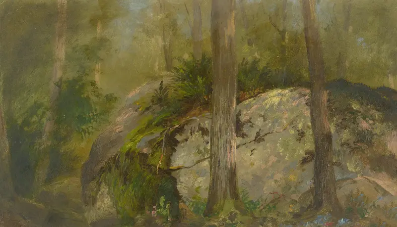 Forest Scene by John Ferguson Weir, impressionism, depicting light filtering through trees and lush greenery