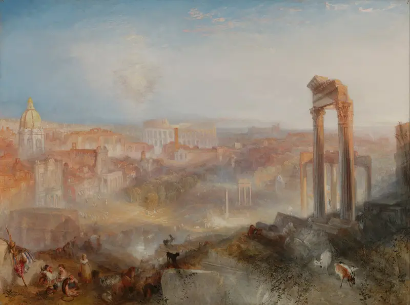 A sunlit view of Rome's ruins with three tall columns, grazing goats, a dark dog, and a group of people near a shelter in the foreground.