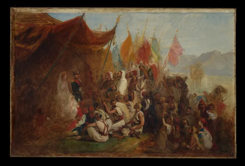 This painting depicts the reception of Emperor Napoleon III and Empress Eugénie by Kabyle leaders in Algiers.