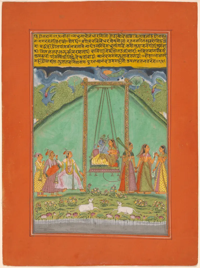 Hindol Raga, watercolor on paper by India Rajasthan, Jaipur, depicting a musician in vibrant attire.