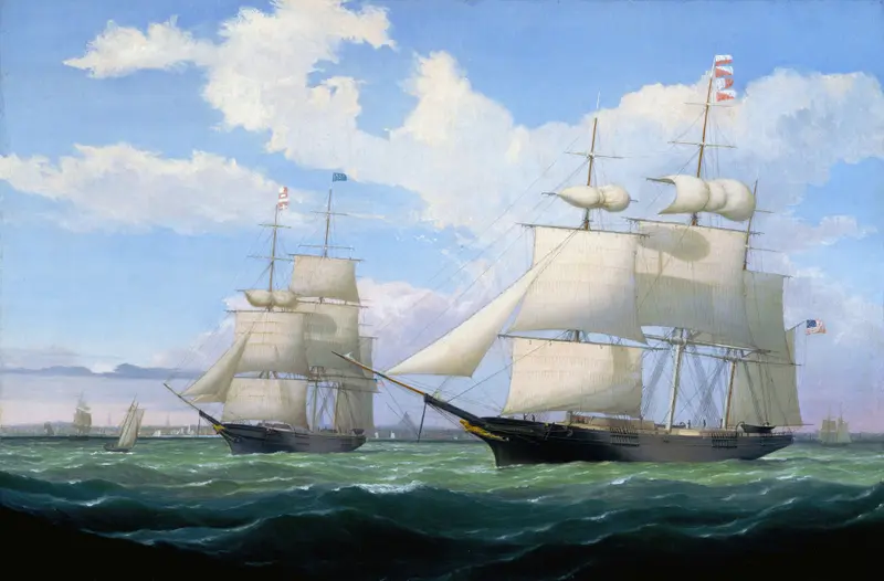 Marine scene with ships 'Winged Arrow' and 'Southern Cross' in Boston Harbor, oil painting by Fitz Henry Lane.