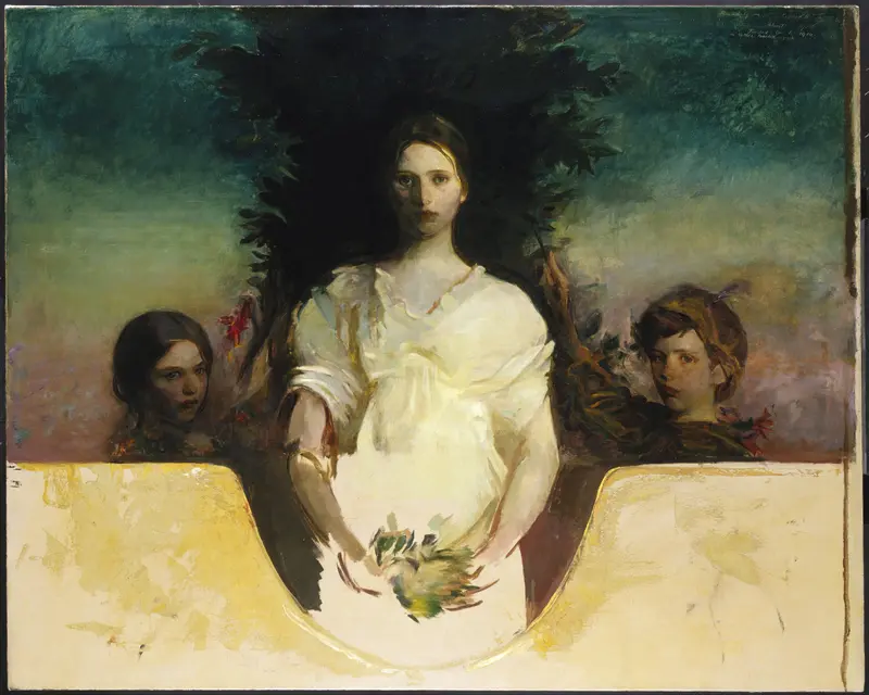 A central figure in white holds green leaves, flanked by two younger, shadowy faces amidst dark foliage.