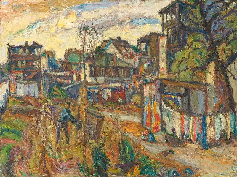 Expressionism city scene by Abraham Manievich, depicting colorful buildings and urban life.