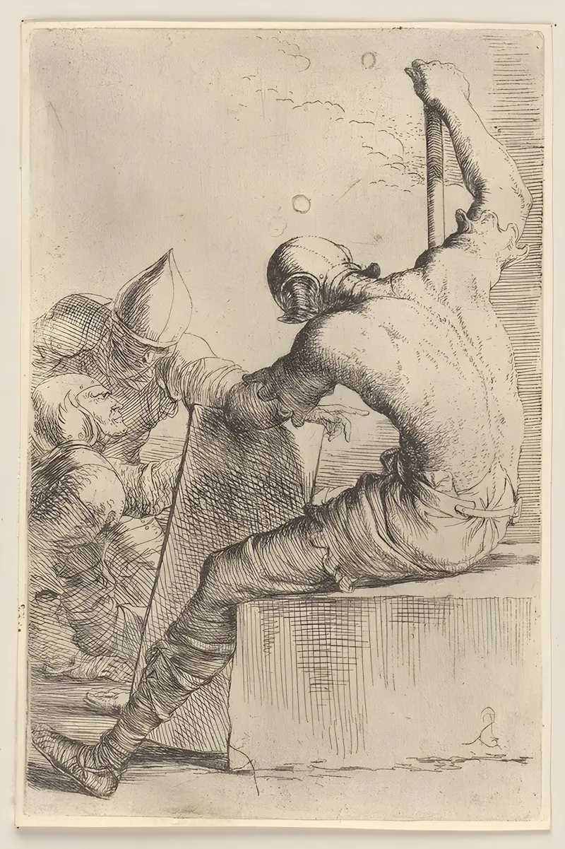 Salvator Rosa's painting depicts three soldiers, one seated with a cane and shield.