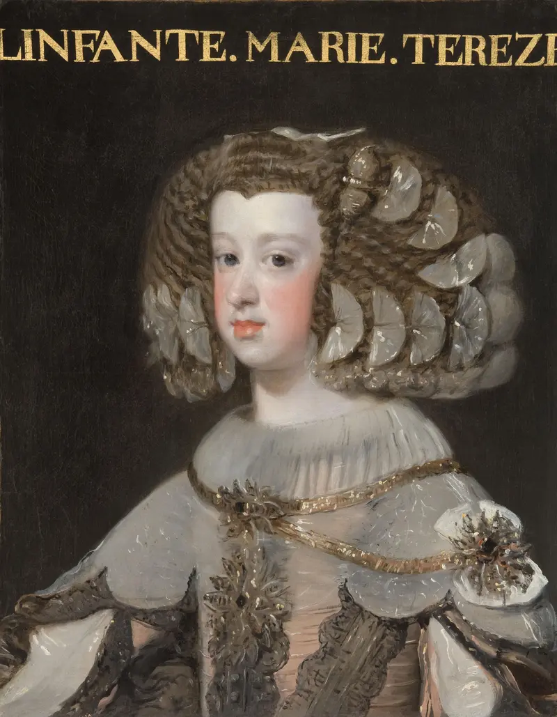 A young girl with curled brown hair and white ribbons wears a silvery gray gown with gold embroidery, set against a deep black background.