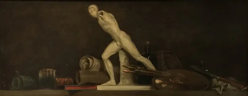 Still life with a statuette of the Borghese Warrior, oil on canvas by an unidentified artist